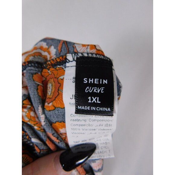 SHEIN Curve Dress Womens 1XL Black Orange Boho Floral Tassel Tie Short Sleeve - Picture 10 of 12